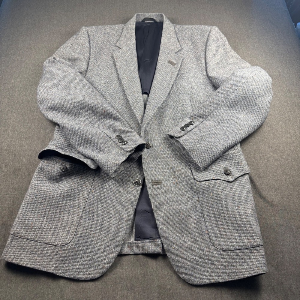 Johnny Carson Vintage Gray Tweed Wool Sport Coat Blazer Western Flap Pockets 40R